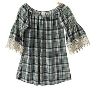 Women Plaid Lace Tunic Top L XL Peasant Green Navy Off Shoulder Bell Sleeve Boho